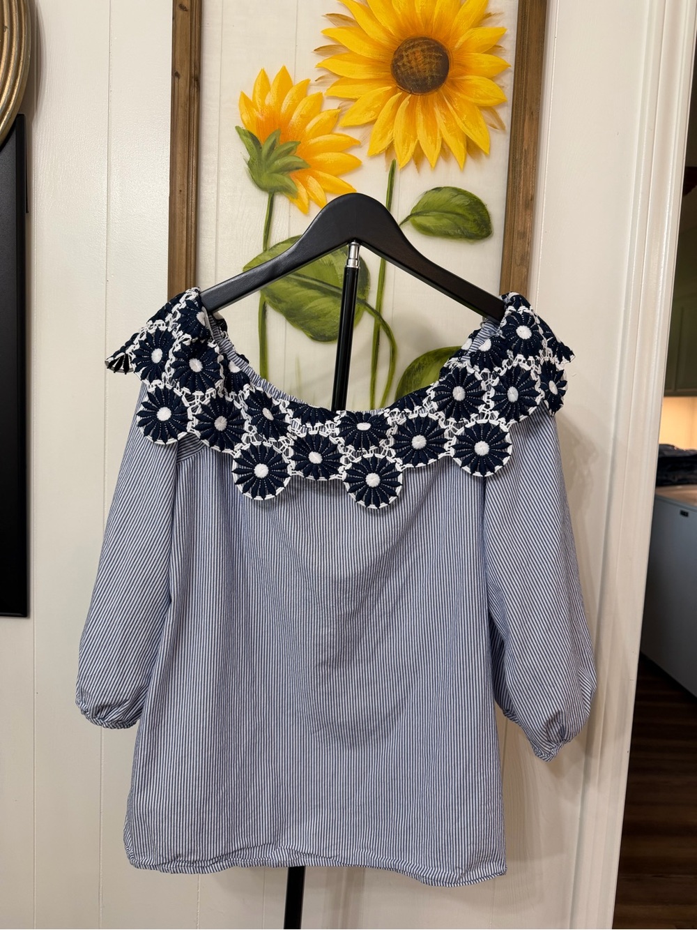 LOFT Blue and White Striped Off-Shoulder Top with Navy Crochet Floral Trim 🇺🇸